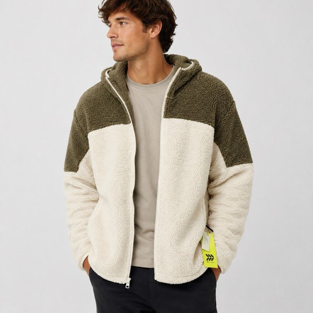 All In Motion Sherpa Fleece Hoodie Jacket Full Zip Cream Brown Mens Medium NWT